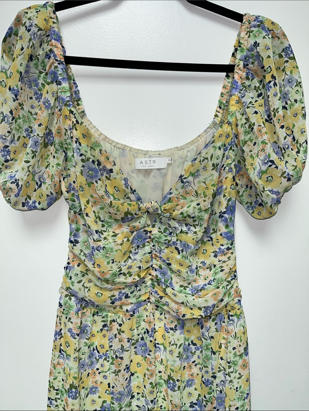 Astr Yellow Floral Puff-Sleeve Maxi Dress with Blue & Green Blooms - Picture 2 of 4